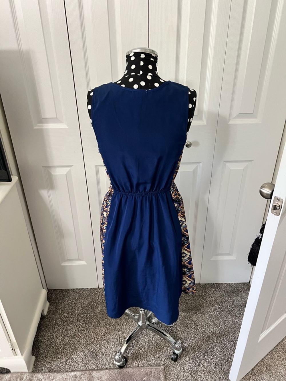 Sleeveless Navy Midi Dress with Patterned Side Panels